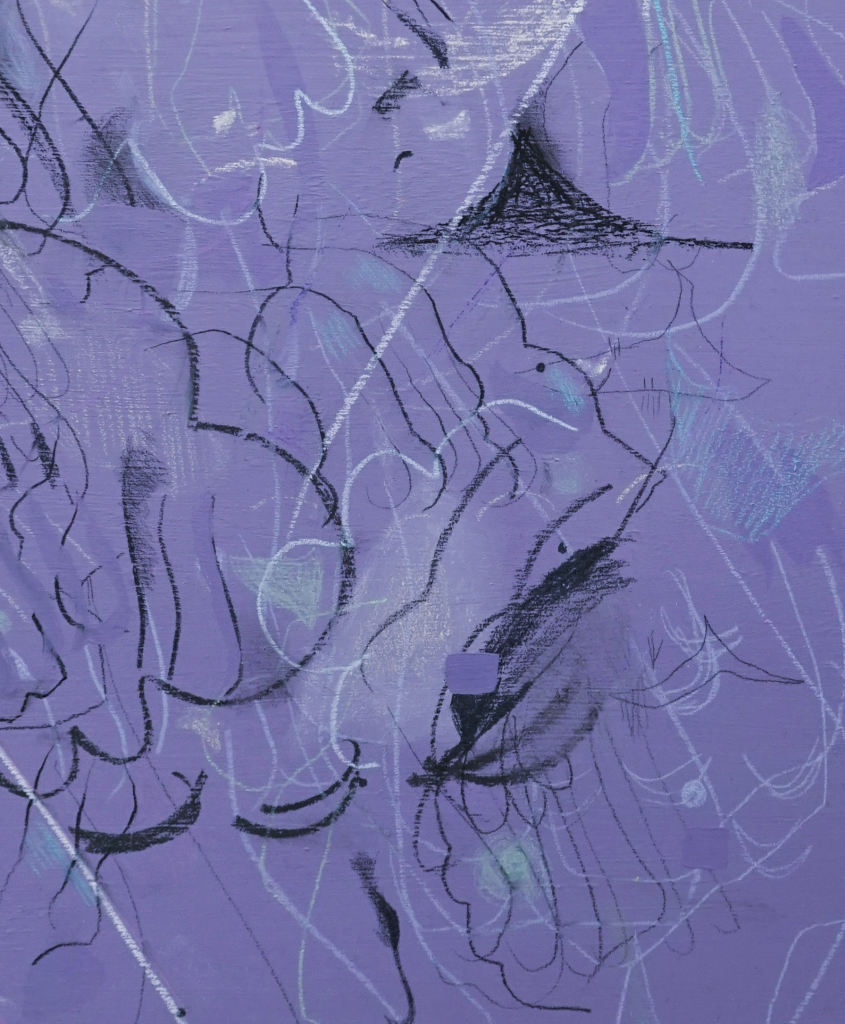 A field of desaturated lavender is covered in a splash of marks, dots, and lines in white, gray, black, lighter lavender, and aqua. The shapes are varied, but there is a small collection of repetition within them: stacks of five J-shaped lines, triangular areas of shading, swoops evoking joints. The marks huddle and mass despite the energy and sensation of explosion.