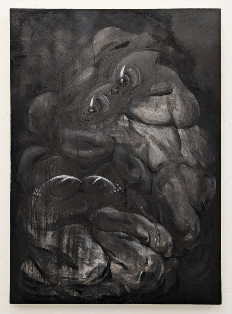 A black and white painting. Two blobby, amorphous figures take up the space, as if we've open some cabinet and their full, pulsing bodies take up its entirety. One figure looms above the other. Both have large, luminous eyes that overlap at the interior corners, so the eyes are squished together. Their bodies are fleshy folds: knees, fat at a bend. The lower figure has bright tears leaking from its eyes. They stare at one another intensely, maybe adoringly or with fear.